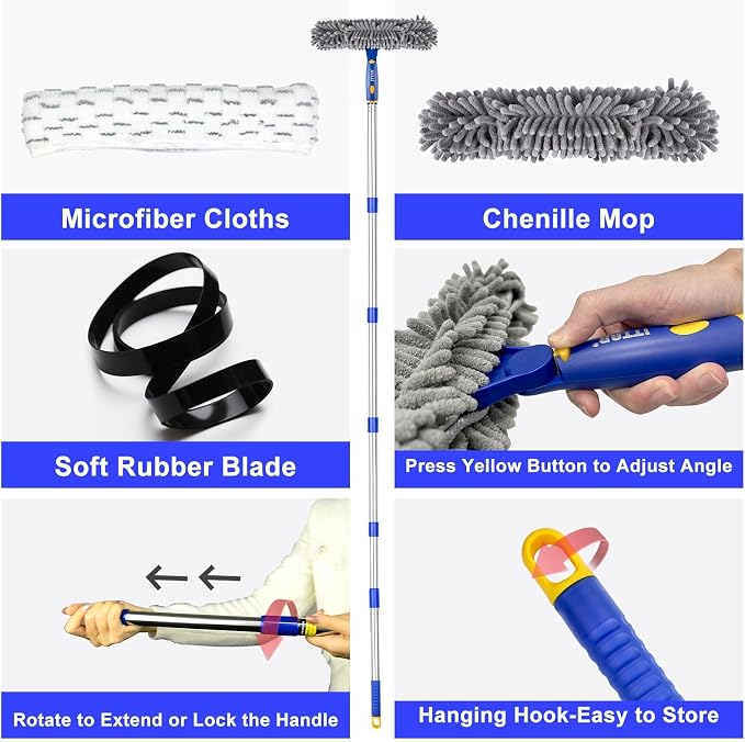 Window Squeegee with 88 Inch Extension Pole, Rotatable Window Cleaning Kit with Long Handle, Rubber Blade & Microfiber/Chenille Pads Glass Cleaner Tool for Outdoor Windows, Glass, Car