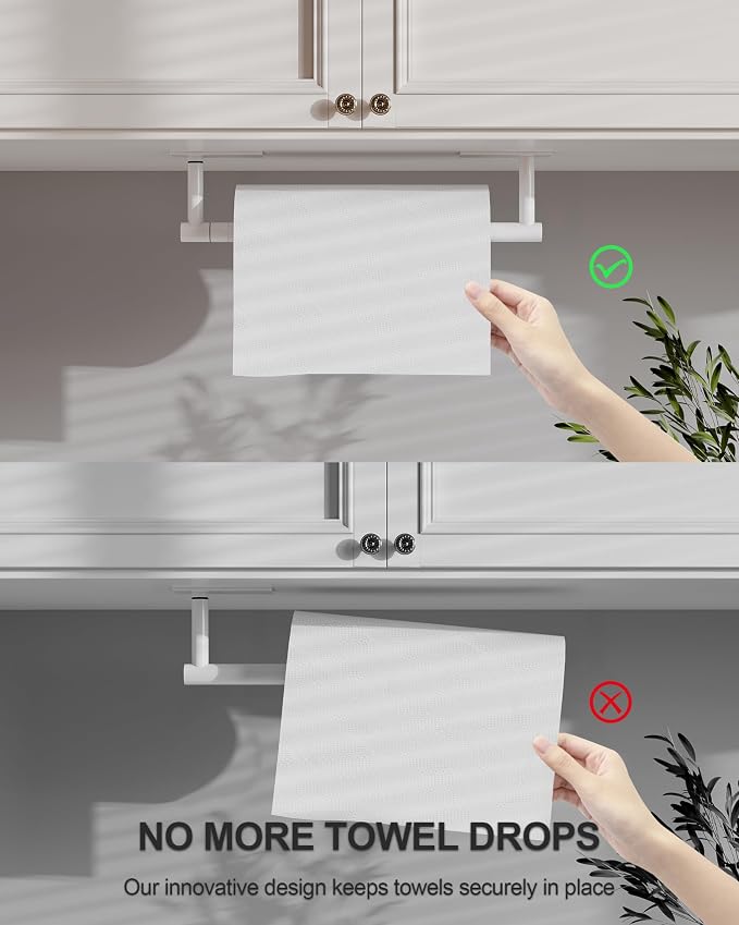 White Paper Towel Holder Under Cabinet Self Adhesive or Wall Mount | 304 Stainless Steel Post Pivoting Design No Drilling for Kitchen, Bathroom Waterproof & Rustproof, Square Base