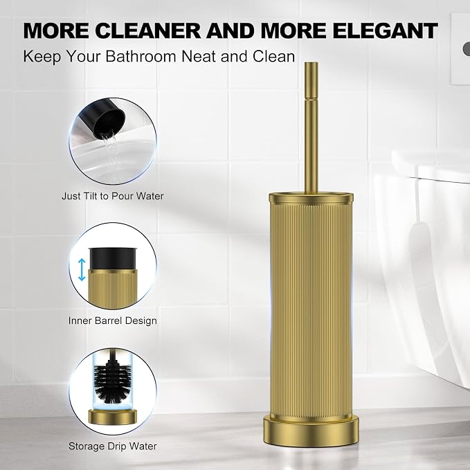 Metal Vertical Grain Toilet Bowl Brush and Holder Set Scrubber Warm Gold | Extra Long Handle with Splash Guard Cover, Bathroom Space-Saving, Heavy Durable Deep Cleaning, Cleaner Sets for Apartments