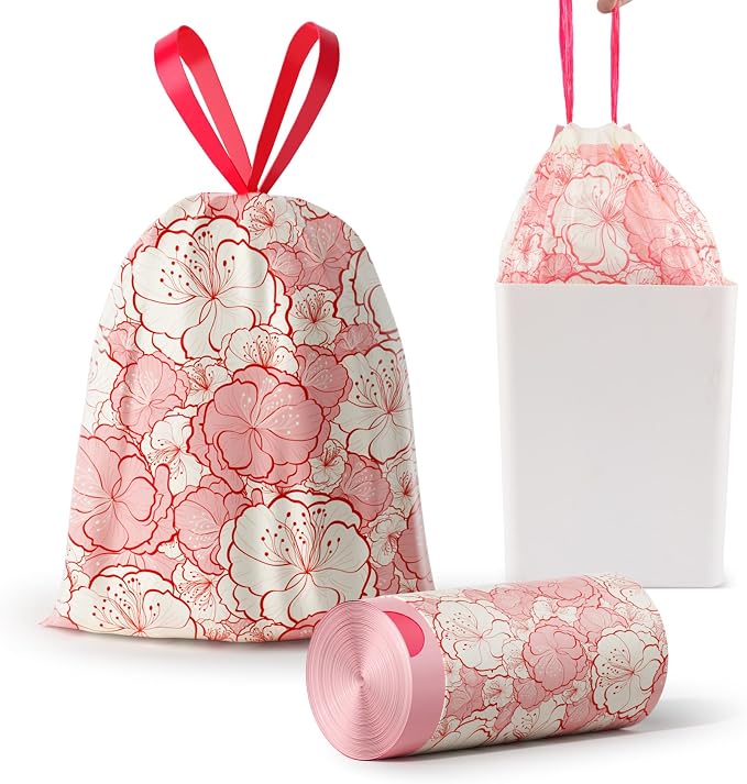 4 Gallon Trash Bags Drawstring, Colorful & Portable Small Trash Bags with Chinese Plum Blossom Printed, Tear-Resistant Garbage Bags 4 Gallon for Bathroom Office Trash Cans, 30 Count