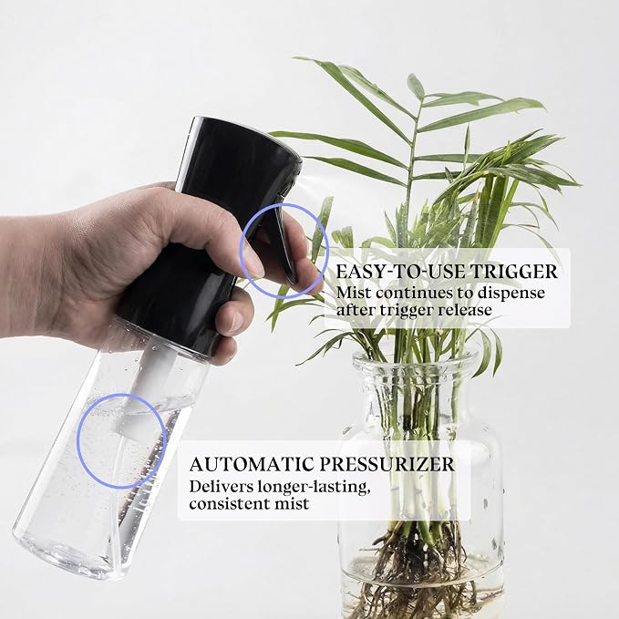 3 Pack Black Continuous Spray Bottle Atomizing Mister for Hair,Plants,Cleaning,Travel Fine Mist Water Spray Bottles for Styling,Refillable Empty Spray Bottles Black&Transparent (200ml)