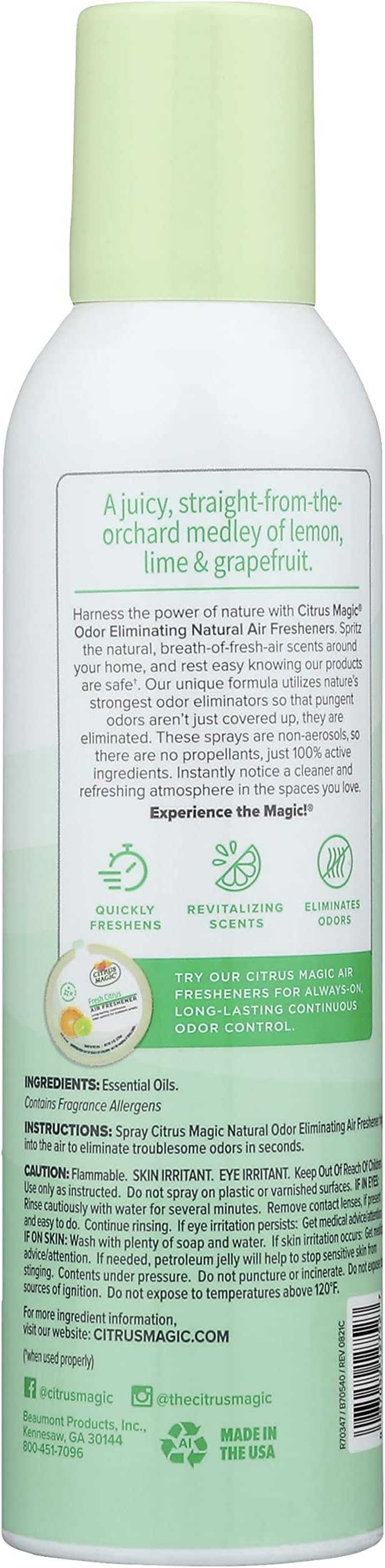 Citrus Magic Air Freshener Spray, Fresh Citrus, 6 Ounce | Odor Eliminator for Home, Up to 7 Hours of Freshness, Non-Aerosol, Citrus-Based Formula, Packaging May Vary