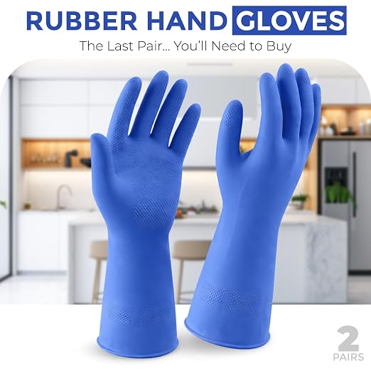 LADWA 2 Pairs Non-Slip Household Cleaning Reusable Dishwashing Gloves for Kitchen Washing Dishes Bathroom Gardening & Home Tasks Flexible Long-lasting & Waterproof Gloves Perfect for Woman Men (Blue)