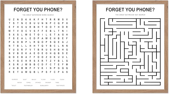 Poster Master 2-Piece Forget Your Phone Print - The Great Bathroom Word & Way Search Poster - Guest Bath Decor - Black & White Design - Powder Room Decor - Fun Restroom Sign - 8x10 Beige Framed