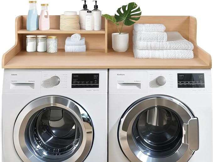 Washer Dryer Countertop 2 Tier 58 inches Wide, Laundry Shelf Topper with Edge, 58" W x 28" D x 12" H Laundry Space Organizer, Light Walnut