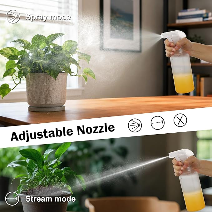 16.9oz Plastic Spray Bottles 2 Pack, 360° Any-Angle Spraying