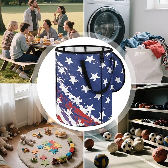 24 Gallon Reusable Yard Waster Bag Garden Leaf Bin Collapsible Camping Trash Container Stand-up Waster Bin with Lid and Handles Patriotic American Flag Print