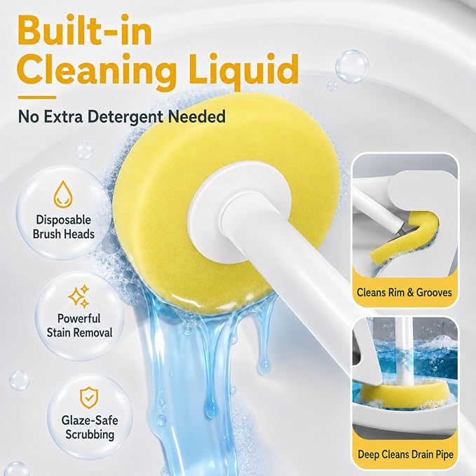 Disposable Toilet Bowl Cleaner Wand and Holder Set, Wall-Mounted | Hands Free Toilet Scrubber Wand, Bathroom Cleaning Supplies, 1 Wand and 1 Holder with 24 Yellow Refills, Light Lemon Scent