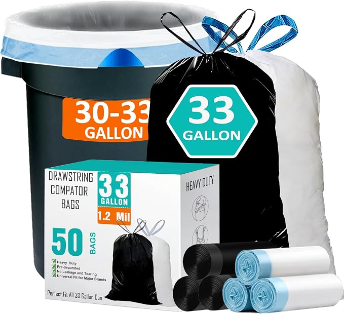 33 Gallon Drawstring Trash Bags 50 CT Compatible with Brute 32 Gallon Can | 1.2 Mil THICK Heavy Duty Custom Fit 30 32 33 Gallon Round Trash Can Tear & Leak Resistant White Black Kit