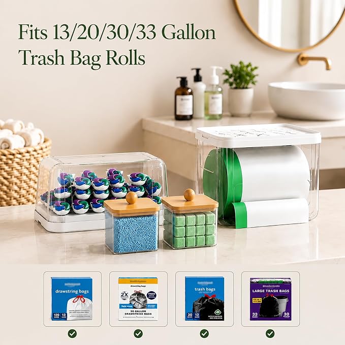 Trash Bag Holder & Dishwasher Pod Dispenser with 2 Bamboo Lid Storage Containers, Clear Acrylic Under Sink Organizer for Garbage Bags, Laundry Detergent Pods & Tabs, Kitchen Pantry Laundry Room