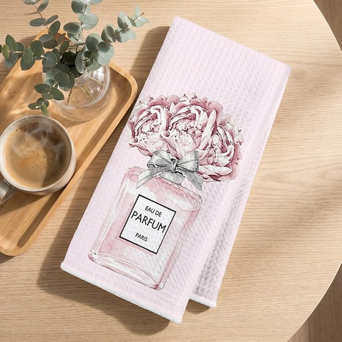 Hanamiya Na 4 Pcs Pink Hand Towels, Perfume Bow Decor Reusable Dish Towels | Fashion Gifts for Women Mom Girls Friend, Waffle Weave Microfiber Towels for Bathroom Home Decor 24x14 Inch