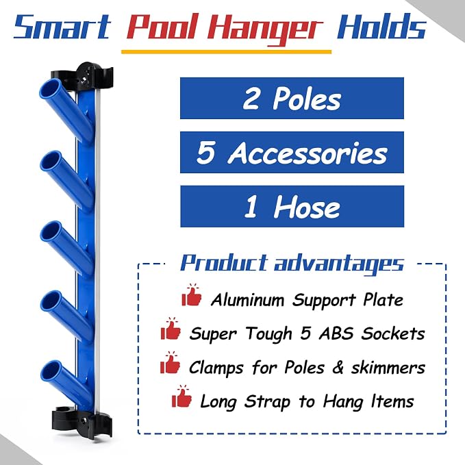 6 Pcs Swimming Pool Accessories Holder Set 4 Pool Pole Hanger Cleaning Maintenance Tool Equipment Organizer Storage Hooks Racks for Telescopic Poles Skimmers Nets Leaf Rake Brush Vacuum Hose