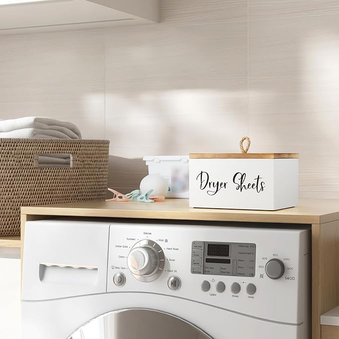 Dryer Sheet Holder, Wooden Laundry Sheets Container, Laundry Room Organization and Storage for Farmhouse Laundry Room Decor and Accessories, Fabric Sheet Holder, White