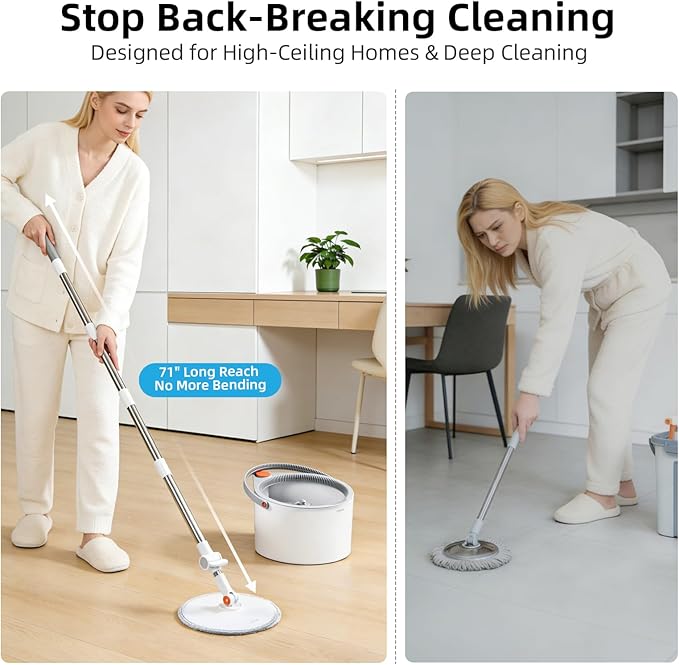 3-in-1 Spin Mop and Bucket Set, Clean Water Separation, 71 in Handle | 3 specialized mop heads, 6 microfiber refills, 71 in reach for floors, walls, baseboards and corners