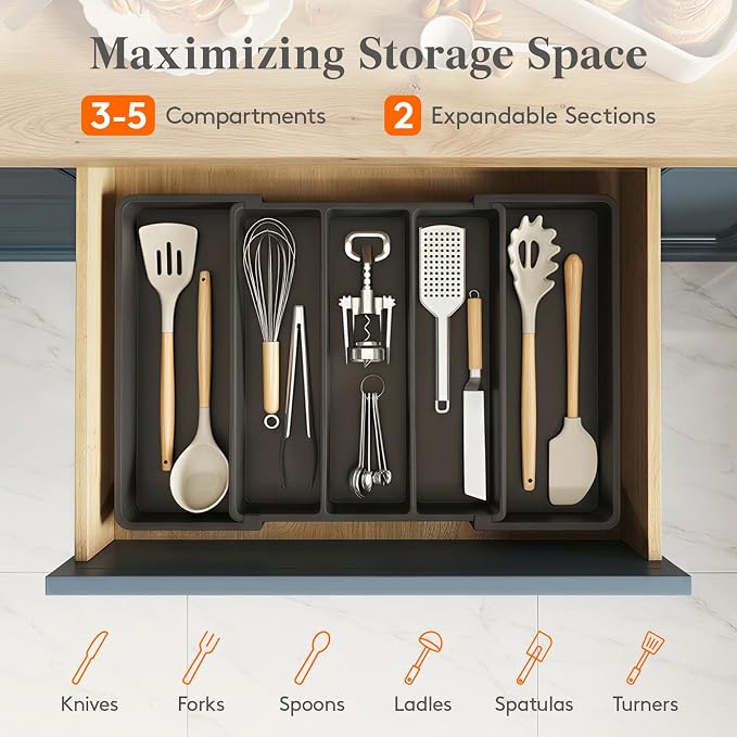 Lifewit Utensil Organizer for Kitchen Drawers, Expandable Utensil Tray | Adjustable Cooking Cutlery Silverware Flatware Holder, Plastic Spatula Tools Storage Divider, 11.5- 20 x 14.5", Black