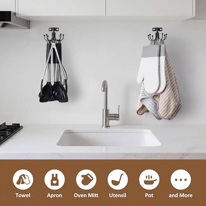 ZEDODIER Kitchen Cooking Utensil Holder, 360° Rotating Kitchen Hooks for Hanging Utensils, Heavy Duty Metal Utensil Rack with 8 Storage Capacity for Utensil, Towel, Pot, Glove, Aprons, Black