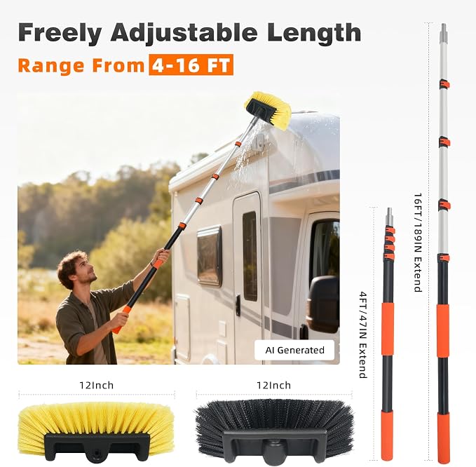 16FT Car Wash Brush with Long Handle, Car Cleaning Brush with 12" Soft Bristle and 12" Hard Bristle, 4-16Ft Telescopic Pole for Scratch-Free Cleaning Truck,RV, Boats,House Siding,Floors,Solar Panels