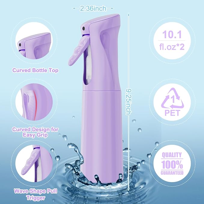 IMPORX Continuous Spray Bottle for Hair 2 Pack (10.1oz/300ml) Purple | Empty Plastic Ultra Fine Mist Misting Water Mister Spray Bottles for Cleaning Hairstyling Barber Curly Hair Garden Plants