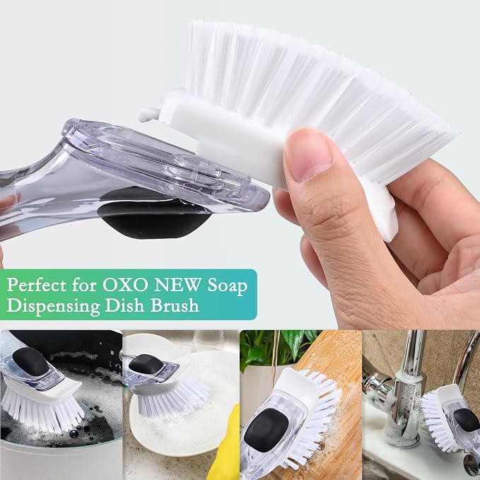 New Brush Refills for OXO New Soap Dispensing Dish Brush, 4 Pack | Nylon Bristles Brush Head Replacements for Kitchen Soap Dispensing Scrubber Non-Scratch Brush Refills for Pots Pans and Sink