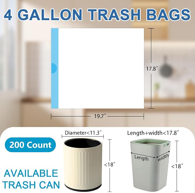 BYSNOW 4 Gallon 200 Counts Small Trash Bags, White Drawstring Garbage Bags | Strong Unscented Garbage Can Liners, Fit 11-15L Waste Bins for Bathroom, Kitchen, Office, Dorm, Car