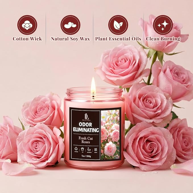 Fresh Cut Roses Odor Eliminating Candle, Romantic Floral Scent for Bedroom & Bathroom, Gently Covers Everyday Odors, Air Freshing Scented Candles, Soy Candle Gifts for Women Men, 7oz