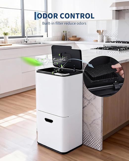 Garvee Dual Trash Can for Kitchen, 2 Compartment (33L + 28L) Garbage Can | Stainless Steel Trash and Recycle Bin Combo, with Compost Bin, Removable Inner Bucket, Odor Control, White