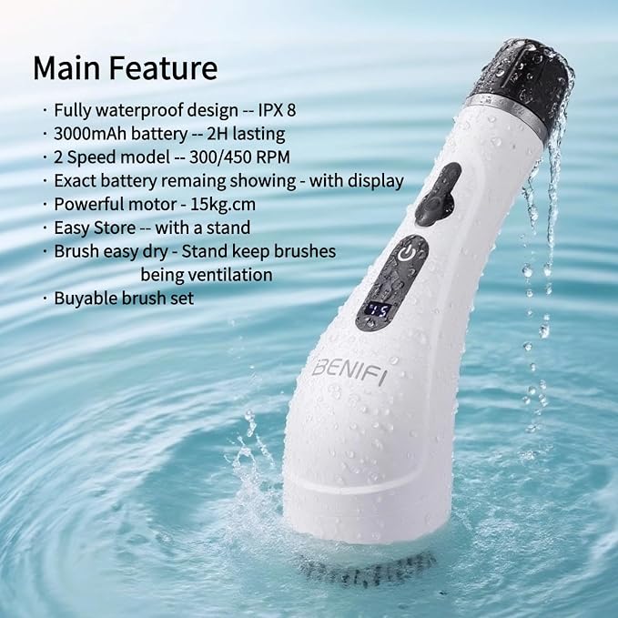 Electric Spin Scrubber Full-Body IPX7 Waterproof Cordless Bathroom Cleaning Brush with Power LCD Display and 8 Brush Heads