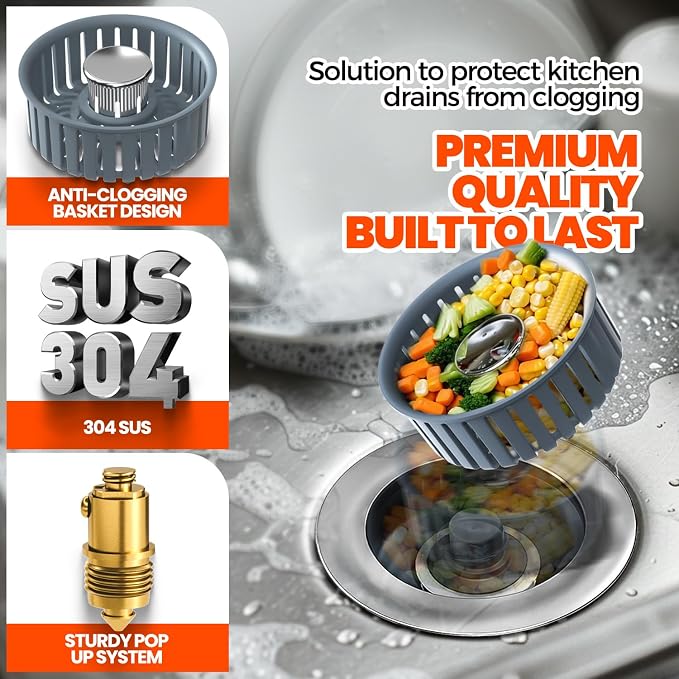 Kitchen Sink Drain Strainer & Sink Stopper, Upgraded 3 in 1 Stainless Steel Drain Plug Combo with Anti-Clog Basket, Pop Up Drain Cover for Standard 3-1/2'', Fits Double Bowl Kitchen Sinks