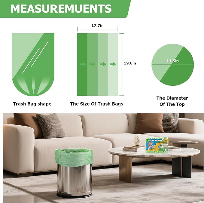 4-Gallon Green Biodegradable Garbage Bags - 100 Count Small Trash Bag Kitchen Wastebasket Liners Extra Strong Thick and Odor-Free for a Cleaner Look in Bathroom or Bedroom Heihaily