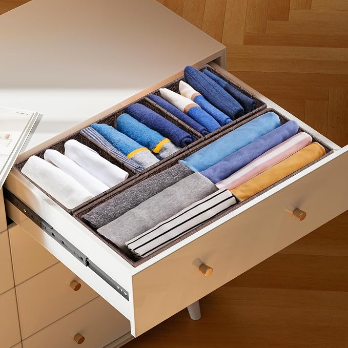 Set of 7 Nested Woven Cube Baskets, Drawer Organizers in Multi-sizes | Ribbon Checker Storage Bins for Organizing Desk, Dresser, Kitchen, Pantry