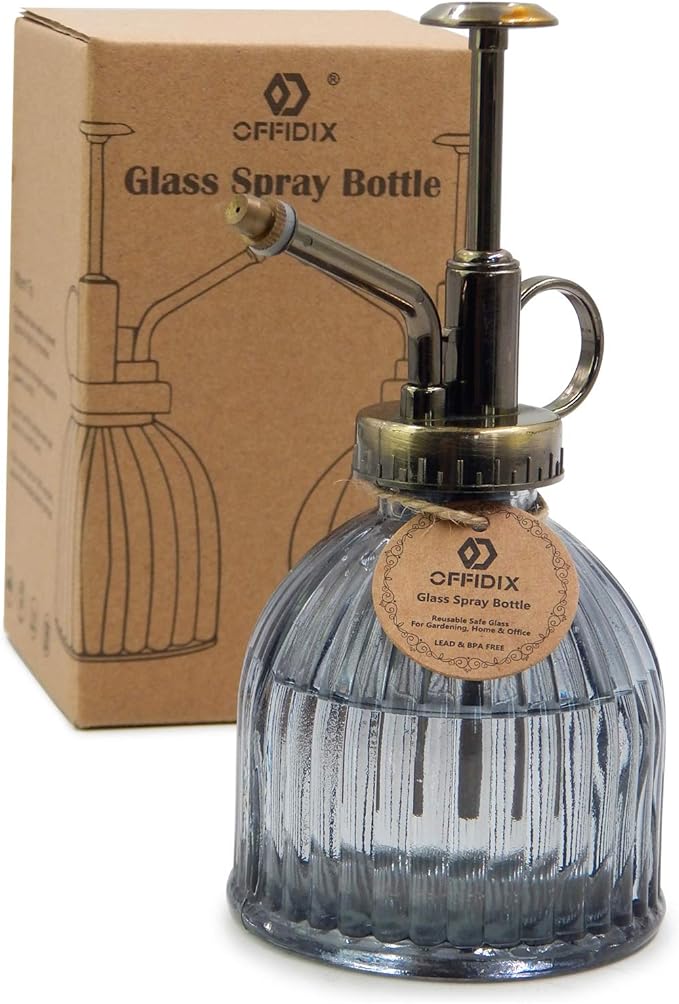 OFFIDIX Plant Mister Plant Water Spray Bottle, Vintage Style Gray 6.7 oz | Plant Misters with Bronze Plastic Top Pump Fine Mist One Hand Glass Small Watering Can for Indoor Plant 200 ml spray bottles