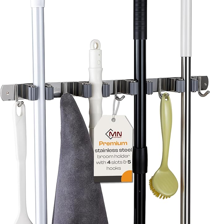 Stainless Steel Broom Holder Wall Mount, 4 Racks & 5 Hooks | Rust-resistant organizer for mops, brooms, tools and garden equipment, adjustable wall storage, silver