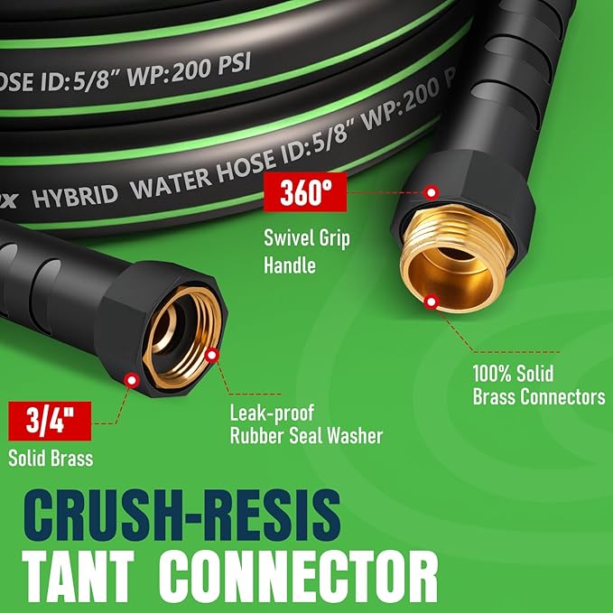 Non-Expandable Garden Hose 50ft,Lightweight Kink Resistant Hose, Solid Brass 5/8" Fittings, 200PSI Working & 600PSI Burst, for Medium Yard, Home Garden & Light Small-Space Cleaning