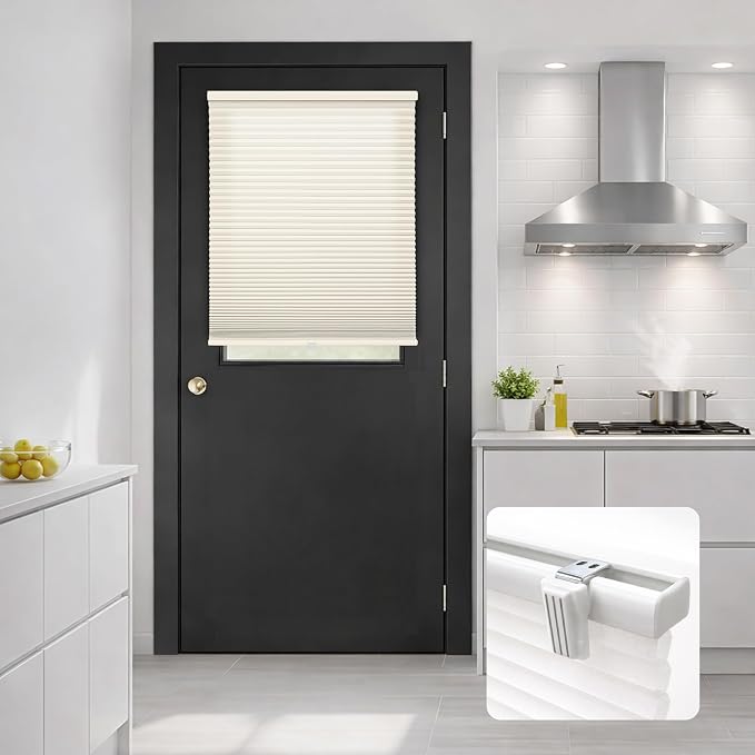 DEZ FURNISHINGS Cordless No Tools No Drill 1.5" Magnet Light Filtering Shades for Metal Doors, 25" W x 72" H, Ivory
