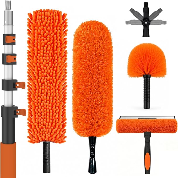 SISUPASSIE 20FT Reach High Ceiling Duster Kit, Window Cleaning kit with 3-12FT Extension Pole, Fan Duster for Ceiling Fan Blades, Microfiber Feather Duster, Rotatable Window Squeegee and Cobweb Duster