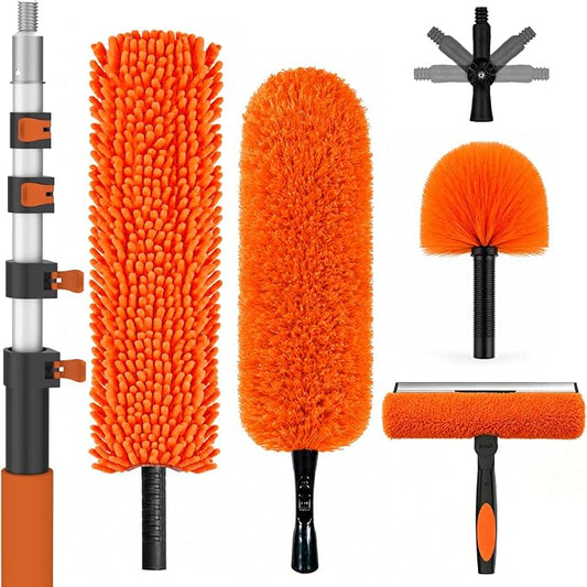 SISUPASSIE 20FT Reach High Ceiling Duster Kit, Window Cleaning kit with 3-12FT Extension Pole, Fan Duster for Ceiling Fan Blades, Microfiber Feather Duster, Rotatable Window Squeegee and Cobweb Duster