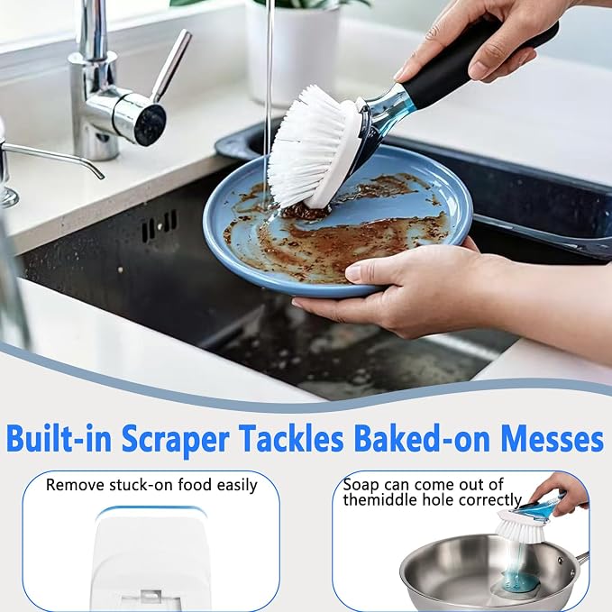 Dish Brush Refills, Dish Scrubber Replacement Heads Compatible with OXO Soap Dispensing Dish Brush, Nylon Bristles with Built-in Scraper, Suitable for Non-Stick Cookware, 2 Pack