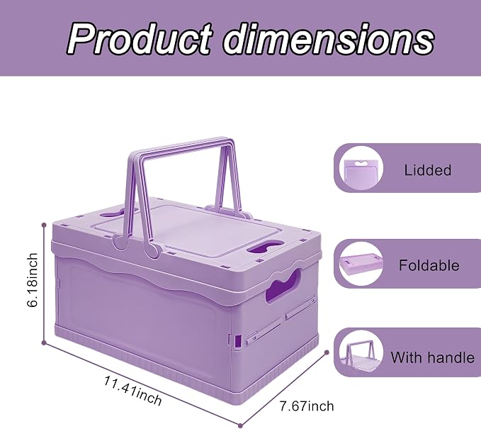 Foldable Small Plastic Baskets with Lids and Handles for Organizing,Collapsible Storage Crates, Stackable Bins for Home Kitchen Bedroom Bathroom Office (Purple, 12 * 8 * 7)