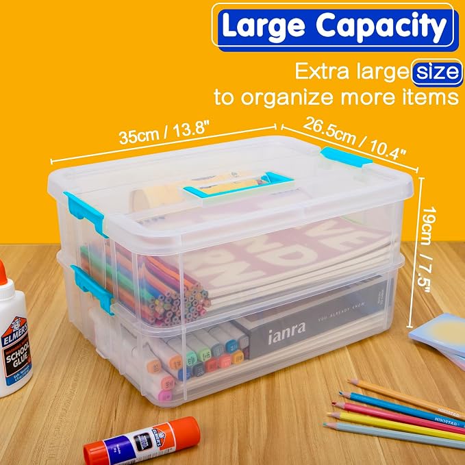 TERGOO 2 Layer Plastic Storage Containers with Lids, Multipurpose Clear Stack & Carry Box, Portable Craft Organizers and Storage Bin for Organizing Art & Craft, Sewing, Makeup, Nail Supplies (Blue)