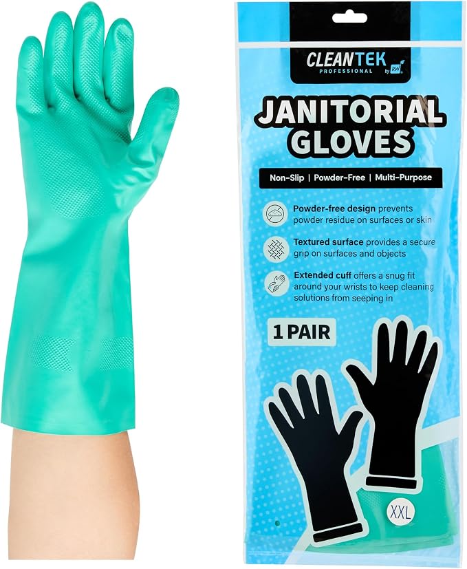 Restaurantware-Clean Tek Professional 15 Mil XXL Cleaning Gloves, 1 Pair Of Long Cuff Gloves - Flock Lining, No-Powder, Green Nitrile Chemical Tolerant Gloves, No-Latex, Heavy-Duty Tasks