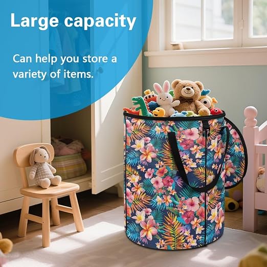 BIGCARJOB Tropical Leaves Collapsible Trash Can Portable Tall Trash Can Oval Recycling Bin 22.83x17.71 Outside Garbage Bin Storage Bag with Clip and Zipper Lid