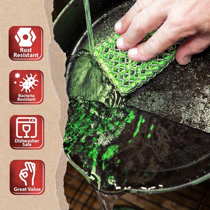 Knapp Made Premium Cast Iron Cleaner, 2-in-1 Combo Chainmail Scrubber with Silicone Core, Heavy Duty & Fine Mesh Rings for Cookware, Skillets and Pots, Premium Cast Iron Cleaner – Lime Green