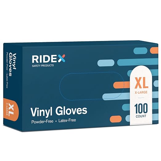 Ridex Disposable Vinyl Gloves - X-Large [100-Count] Powder-Free | Latex-Free Clear Vinyl Gloves, Powder-Free All-Purpose Gloves, Dispenser Box Gloves 100 Pieces, Medical Grade