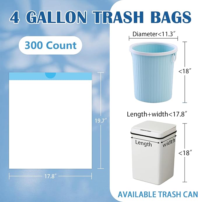 BYSNOW 4 Gallon 300 Counts Small Drawstring Trash Bags, Clear Garbage Bags | Mini Unscented White Plastic Waste Basket Liners Fit 11-15L Bins for Bathroom, Kitchen, Office, Car, Dorm