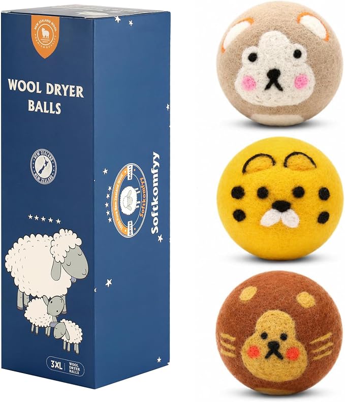 Wool Dryer Balls Handmade 3 Pack XL, Laundry Dryer Balls,100% New Zealand Wool Natural Fabric Softener,Reusable 1000 Loads,Wrinkles Free, Shorten Drying Time,Baby Safe (3 Pack XL,Zoo Friends) | 100% Hand-Embroidered