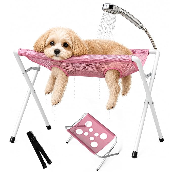 Dog Bath Hammock with Foldable Pet Bathing Stand (Pink) | For bathing, paw cleaning, nail trimming and grooming Small/Medium Dogs in showers, laundry rooms and home pet care areas