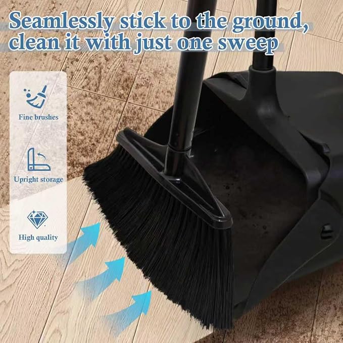 Broom and Dustpan Set， Dust Pan and Broom Combo | Long Handle and Wheels, Upright Standing，Heavy Duty，Large， for Indoor Outdoor, Kitchen, Garage, Restaurant Cleaning –Black