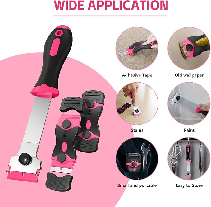 3 Pack Razor Blade Scraper Set, Includes 30 Plastic & 30 Metal Blades(Pink) | Multi-Purpose Tool for Glass, Cooktop, Sticker Removal, Paint & Gum Cleaning