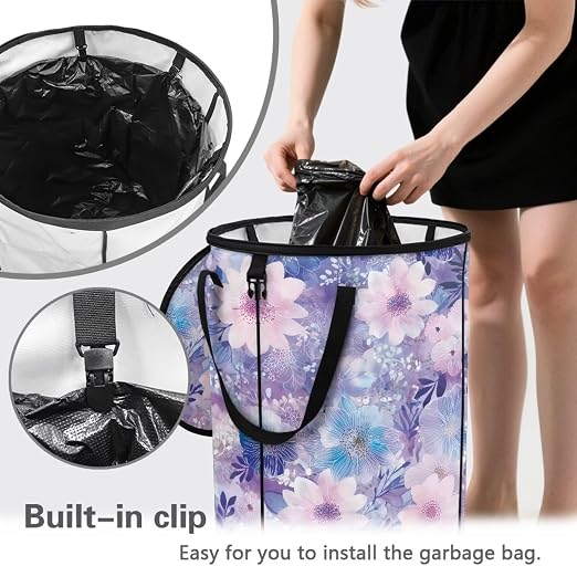 BIGCARJOB Flower Print Outdoor Trash Can with Lid, Foldable Trash Can Collapsible Pop Up Garbage Bin Waste Basket Storage for Travelers Camper Trailer