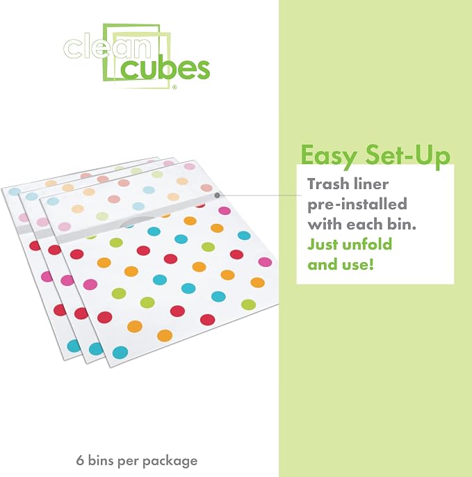 Clean Cubes 13 Gallon Disposable Pop-Up Trash Cans, 6-Pack (Polka Dot) | One Pack Covers the Whole Party, Place a Bin in Every Corner, No Assembly, Built-In Liner, Toss the Whole Bin When Full